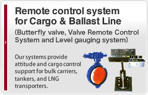 Remote control system for Cargo & Ballast Line（Butterfly valve, Valve Remote Control System and Level gauging system）Our systems provide attitude and cargo control support for bulk carriers, tankers, and LNG transporters.